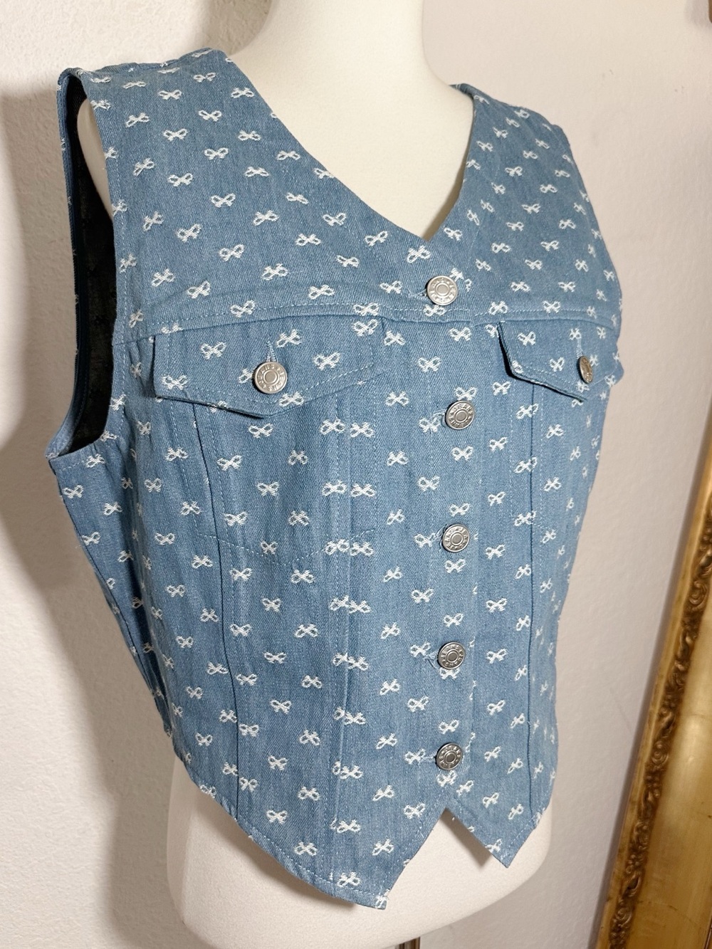 New Vici Cotton Blend Denim Bow Detail Button Front Vest Size XL